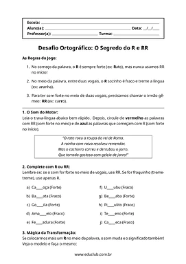 Atividades de ortografia com R e RR para 2º Ano, 3º Ano, 4º Ano de Gramática, Português, Ortografia - Material educacional