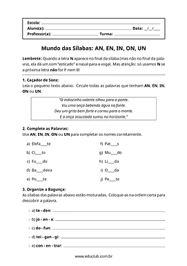 Atividades com palavras terminadas em AN EN IN ON UN para 1º Ano, 2º Ano, 3º Ano de Gramática, Português, Alfabetização, C...