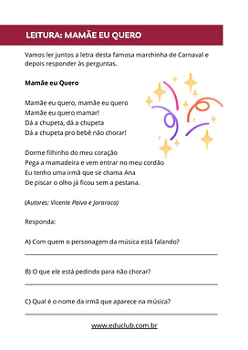 Interpretação de Texto Marchinhas de Carnaval para 1º Ano, 2º Ano, 3º Ano de Datas Comemorativas, Português, Artes - Mater...