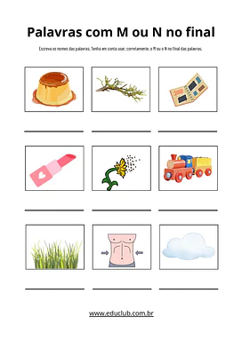 Palavras com M ou N no final para 2º Ano, 3º Ano, 4º Ano de Gramática, Português, Ortografia - Material educacional