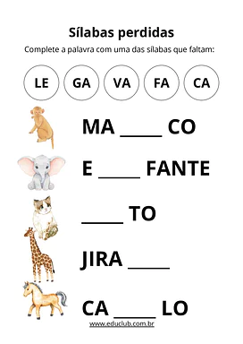 Atividade das sílabas perdidas para 1º Ano, 2º Ano de Sílabas, Português, Alfabetização - Material educacional