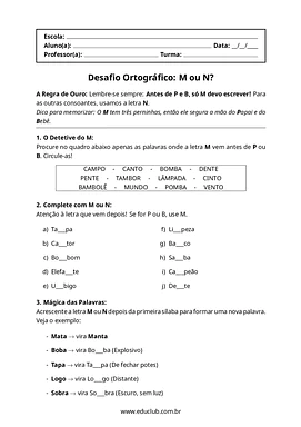 Atividades com M antes de P ou B para 2º Ano, 3º Ano, 4º Ano de Gramática, Português, Ortografia - Material educacional
