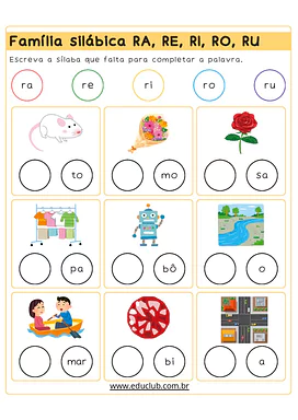 Família silábica RA RE RI RO RU  para Educação Infantil, 1º Ano de Sílabas, Português, Alfabetização, Ortografia - Materia...