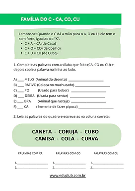 Atividade de ortografia com a família do C - CA CO CU para 1º Ano, 2º Ano de Português, Alfabetização, Ortografia - Materi...