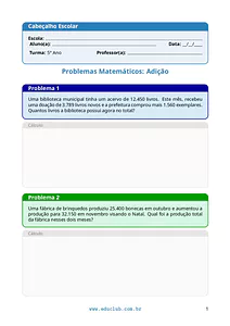 Problemas de adição para 5 Ano do Ensino Fundamental
