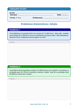 Problemas de adição para 5 Ano do Ensino Fundamental para 5º Ano de Matemática, Problemas, Adição - Material educacional
