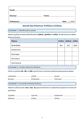 Atividades de prefixo e sufixo para imprimir para 3º Ano, 4º Ano, 5º Ano de Gramática, Português - Material educacional