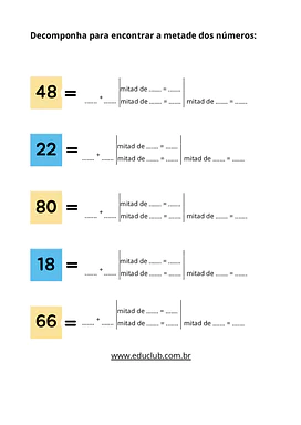 Atividade sobre metade para alunos do Ensino Fundamental para 2º Ano, 3º Ano, 4º Ano de Matemática - Material educacional