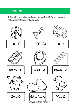 Atividade de ortografia de palavras com T ou D para 2º Ano, 3º Ano de Português - Material educacional