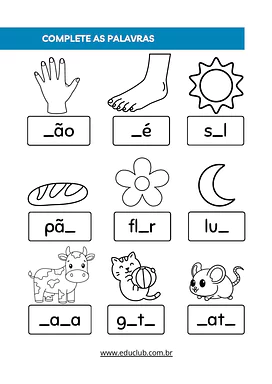 Complete as palavras com as letras faltantes para Educação Infantil, 1º Ano de Português, Alfabetização - Material educaci...