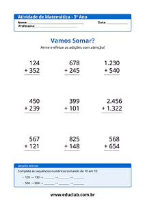 Contas de adição e subtração para 3º ano do Ensino Fundamental