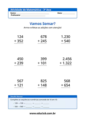 Contas de adição e subtração para 3º ano do Ensino Fundamental para 3º Ano de Matemática - Material educacional