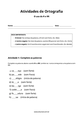 Atividades de ortografia para completar com R e RR para 2º Ano, 3º Ano, 4º Ano de Português, Ortografia - Material educaci...