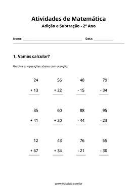 Contas de adição e subtração para 2º ano do Ensino Fundamental para 2º Ano de Matemática - Material educacional