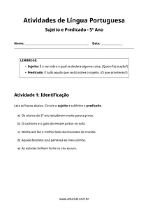 Atividades sobre sujeito e predicado para 5º ano