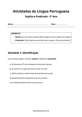 Atividades sobre sujeito e predicado para 5º ano para 5º Ano de Gramática, Português - Material educacional