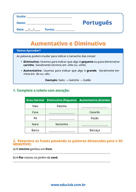 Atividade sobre aumentativo e diminutivo para 4º e 5º ano do ensino fundamental para 4º Ano, 5º Ano de Português - Materia...