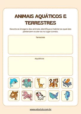 Atividade sobre animais aquáticos e terrestres para Educação Infantil, 1º Ano, 2º Ano de Animais, Ciências - Material educ...