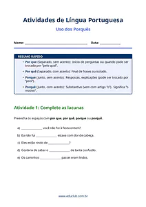 Atividade do uso dos porquês com gabarito