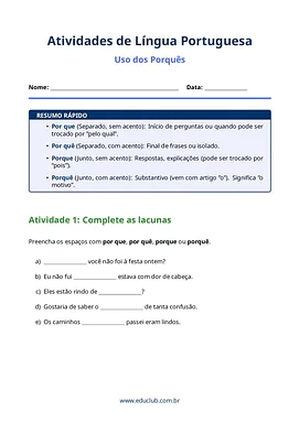 Atividade do uso dos porquês com gabarito para 4º Ano, 5º Ano de Gramática, Português - Material educacional