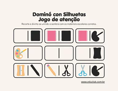 Jogo de atenção: dominó com silhuetas para Educação Infantil, 1º Ano de Habilidades Perceptivas, Atenção e Concentração, J...