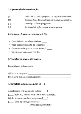 Atividade com sinais de pontuação para 4º ano para 4º Ano de Gramática, Português - Material educacional