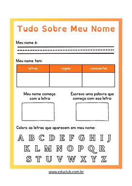 Atividade sobre a escrita do nome educação infantil para Educação Infantil de Português, Alfabetização - Material educacional