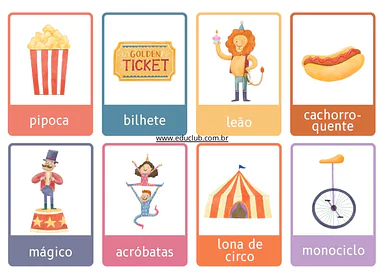Jogo da memória de circo para imprimir para Educação Infantil de Português, Brincadeiras - Material educacional