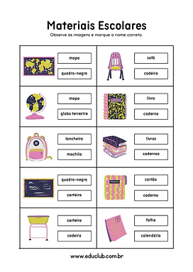 Atividade com materiais escolares para 1º ano para 1º Ano de Português, Alfabetização - Material educacional