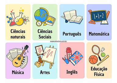 Jogo da memória das matérias escolares para imprimir para Educação Infantil, 1º Ano, 2º Ano, 3º Ano de Brincadeiras, Ciênc...