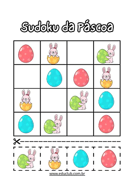 Sudoku da Páscoa para imprimir para Educação Infantil, 1º Ano, 2º Ano, 3º Ano de Atenção e Concentração, Matemática, Datas...