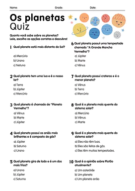 Avaliação de ciencias 5 ano sistema solar para 5º Ano de Ciências - Material educacional