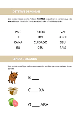 Atividades sobre encontros Vocálicos AI, UI, EU, OI para 1º Ano, 2º Ano, 3º Ano de Português - Material educacional