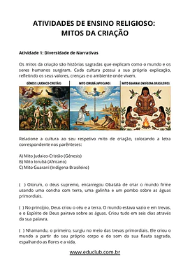 Atividades de Ensino Religioso sobre mitos da criação para 4º Ano, 5º Ano de Geografia, História, Ensino Religioso - Mater...
