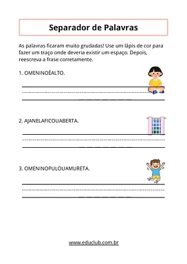 Atividade de consciência de segmentação para alunos de 1º e 2º ano para 1º Ano, 2º Ano de Português - Material educacional