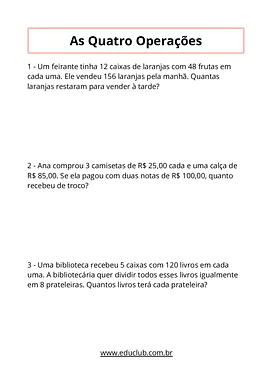 30 Problemas envolvendo as quatro operações para 4º e 5º ano com gabarito para 4º Ano, 5º Ano de Matemática - Material edu...