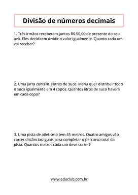 Atividades de divisão com vírgula para 5º ano fundamental para 5º Ano de Matemática - Material educacional