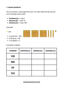 Atividade de matemática sobre valor posicional dos algarismos para 2º e 3º ano