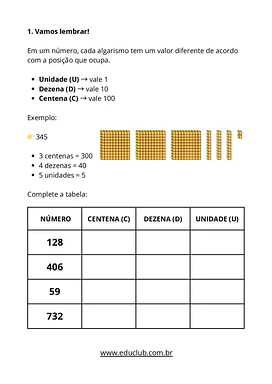 Atividade de matemática sobre valor posicional dos algarismos para 2º e 3º ano para 2º Ano, 3º Ano de Matemática - Materia...