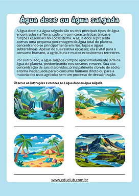 Atividade sobre água doce ou salgada para 3º Ano, 4º Ano, 5º Ano de Geografia, Ciências - Material educacional