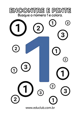 Encontre e pinte o número 1 para Pré-Escola de Números, Matemática - Material educacional