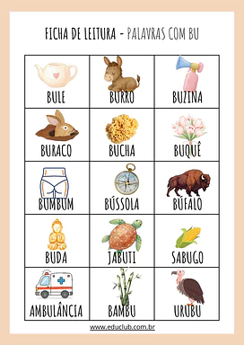 Palavras com BU - Ficha de leitura para Educação Infantil, 1º Ano, 2º Ano de Português, Alfabetização - Material educacional