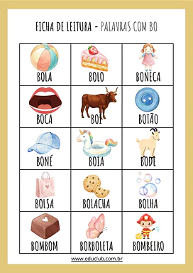 Palavras com BO - Ficha de leitura para Educação Infantil, 1º Ano de Português, Alfabetização - Material educacional