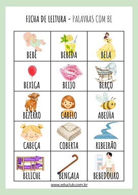 Palavras com BE - ficha de leitura para Educação Infantil, 1º Ano de Português - Material educacional