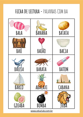 Palavras com BA - ficha de leitura para Educação Infantil, 1º Ano de Português - Material educacional