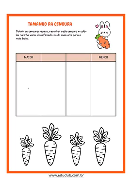 Atividade para classificar por tamanho do maior ao menor para Educação Infantil, 1º Ano de Habilidades Perceptivas, Matemá...