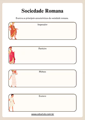 Atividade sobre a sociedade no Império Romano para 4º Ano, 5º Ano de História - Material educacional