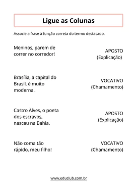 Atividade sobre aposto ou vocativo para 4º ano para 4º Ano de Português - Material educacional