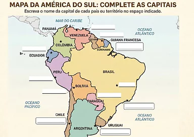 Mapa das capitais da América do Sul para completar para 4º Ano, 5º Ano de Geografia - Material educacional