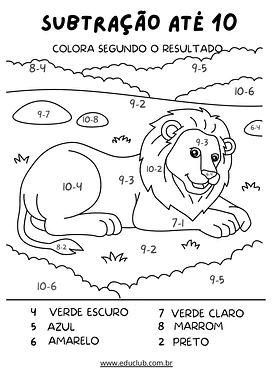 Atividade de subtração com resultado até 10 para 1º Ano, 2º Ano de Matemática - Material educacional